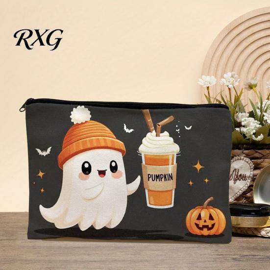 Cartoon Brush Holder Halloween Theme Cosmetic Bag, Durable Canvas Zipper Makeup Pouch, Digital Print Pouch Portable Storage for Stationery And