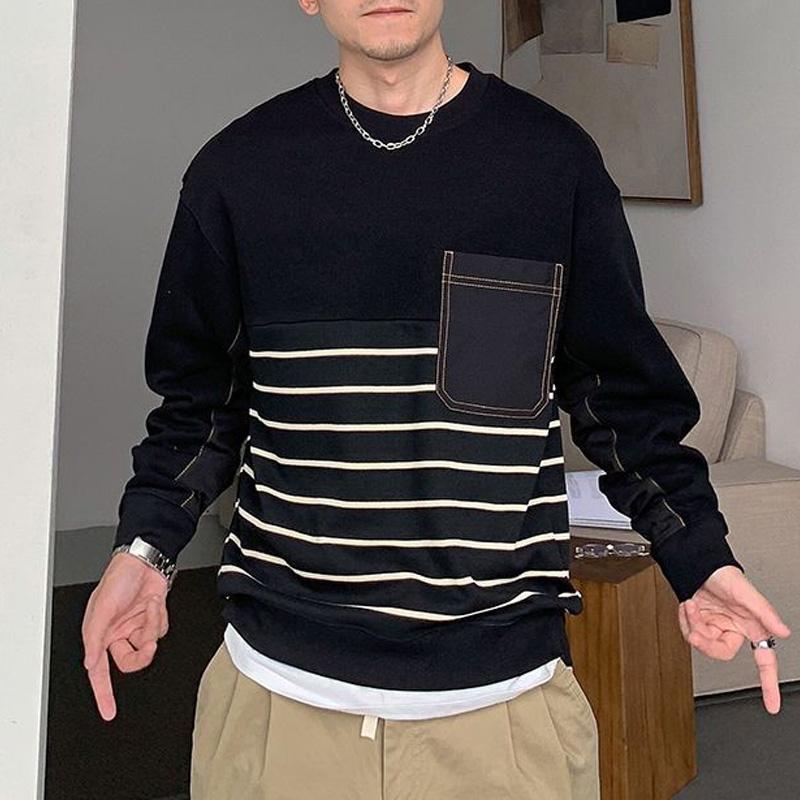 

Весенне-осенняя мужская мода Простой свитер-футболка с круглым вырезом, в полоску, с длинным рукавом, свободного кроя, тонкий, универсальный L чёрный