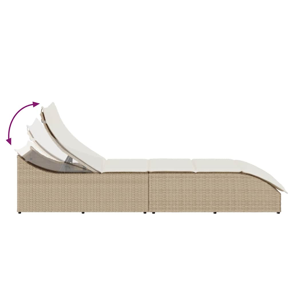 Folding Sun Lounger with Cushion and Storage Space Beige Poly Rattan