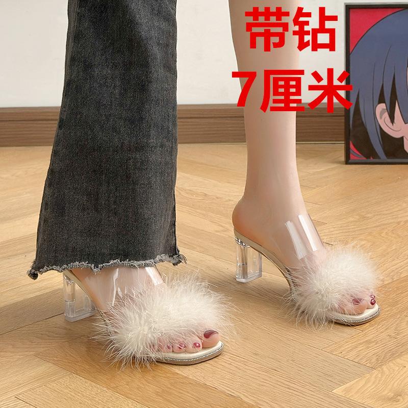 High-heeled Slippers Women's Summer Outer Wear 2025 Spring New Shoes Sandals Thick Heel Thick Sole Transparent High Heels Women's Plush Sandals