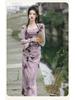 Lila Tuschemalerei Trägerkleid & Strickjacke: Zweiteiliges Set im chinesischen Stil für Damen - Frühling/Herbst Langschlitzdesign