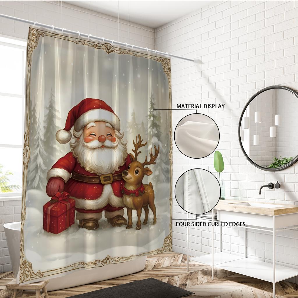 1pc Santa Claus Reindeer Print Waterproof Shower Curtain Bathe Partition with 12 Hooks for Privacy Protection Easy Installatio