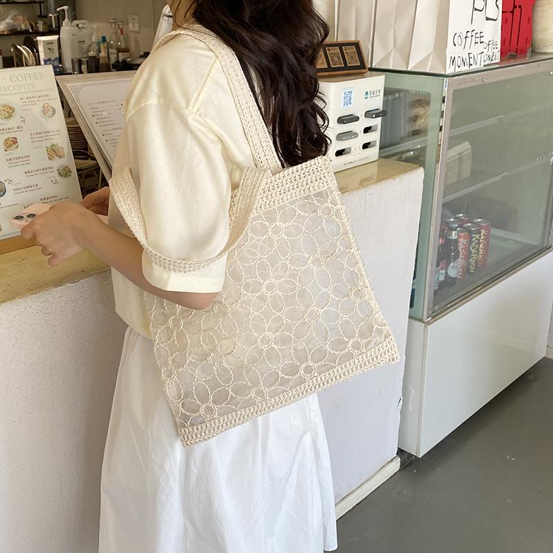 Summer Boho Essential Lace Mesh Crochet Tote Bags for Women Trend Youth Handbags Transparent Hollow Out Shoulder Bags