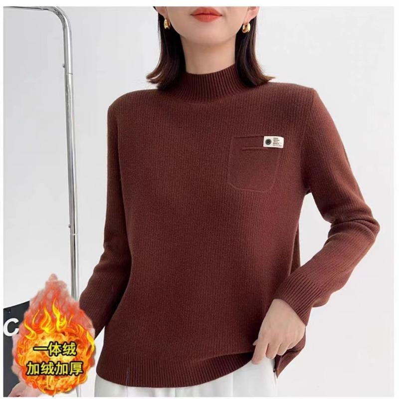 

Красный рождественский трикотажный свитер средней длины со встроенным флисом, начесом и утолщением, новый базовый пуловер для осени и зимы для женщин