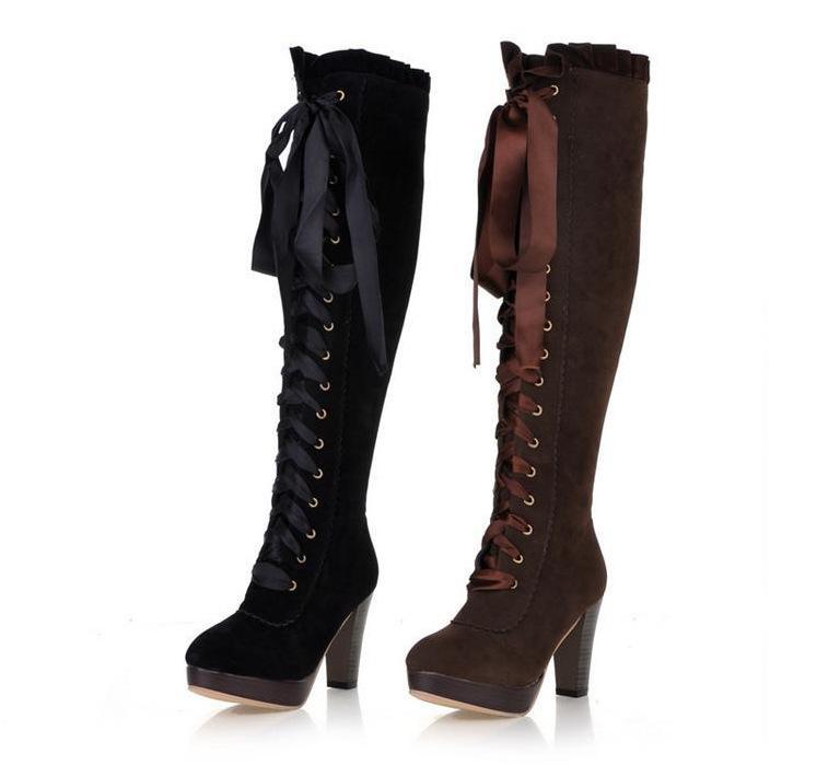 Cizme Dama Pantofi Rock Femeie Sexy Cizme Peste Genunchi Tocuri Înalte Sexy cu Șireturi Saboți cu Platformă Vârf Rotund Designer de Lux Dama Femei