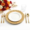 100 Pcs 13in Plastic Round Dinner Gold Charger Round Floral Decorative Service Plates with Embossed Rim for Table Wedding Party