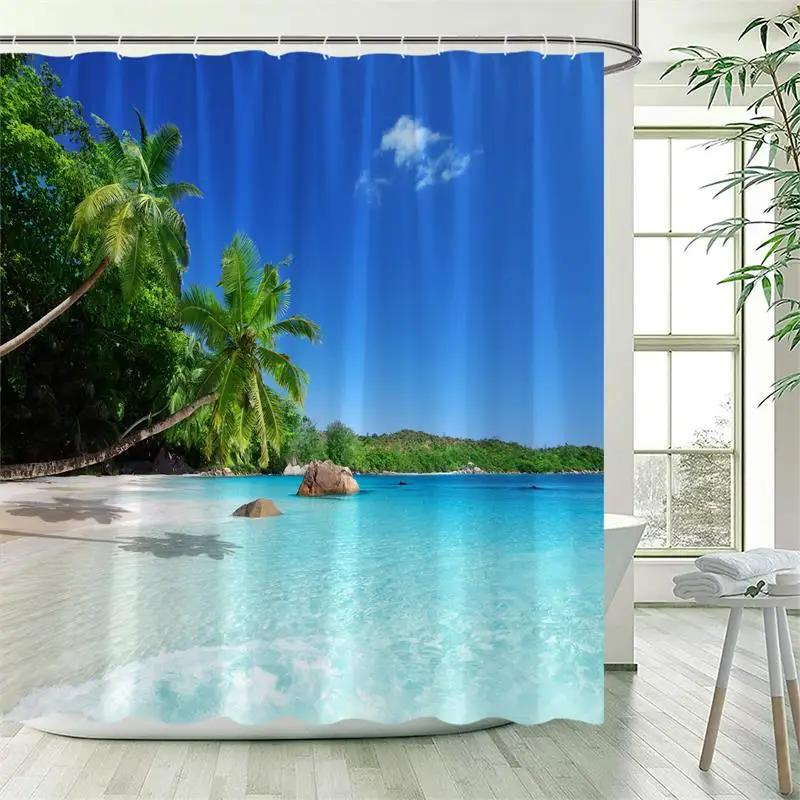 Ocean Landscape Shower Curtain Beach Palm Trees Parrots Dolphins Sea Waves Nature Scenery Bath Curtains Fabric Bathroom Decor