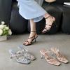 Sandals Spring Square Toe Thin Heel High Heel Elegant French Style FashionOne-Strap Thin Belt Rhinestone Open Toe Women's
