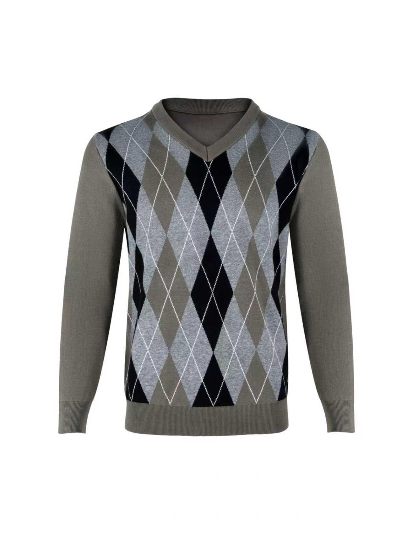 Men s Autumn/Winter Plaid Jacquard Wool Knit Slimming Pullover Sweater L серый