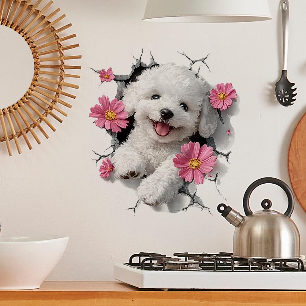 Lovely Dog & Floral Pattern Wall Decals Self-Adhesive Sticker for Living Room Bedroom Entryway Decor
