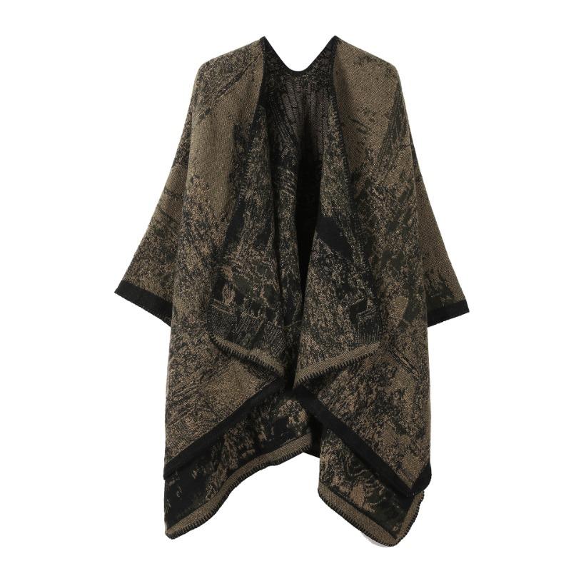 Mantella Poncho Aperta Davanti con Stampa Paesaggistica Lavorazione a Maglia Spessa Calda Coperta da Viaggio Sciarpa Avvolgente
