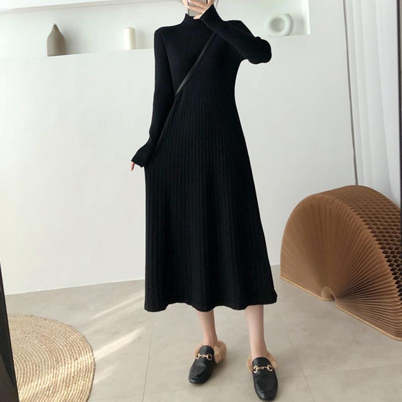 Elegant Warm Half Turtleneck Ladies A-line Sweater Dress Full Sleeve Slim Waist Women Knitted Mid-Calf Vestidos Autumn