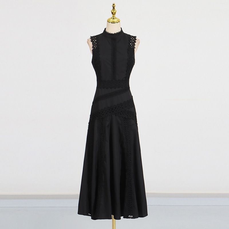

Fashion Style Patchwork Cut Out Lace Stand Collar Long Dress New Sleeveless Ruffles Long Dress Women Black S