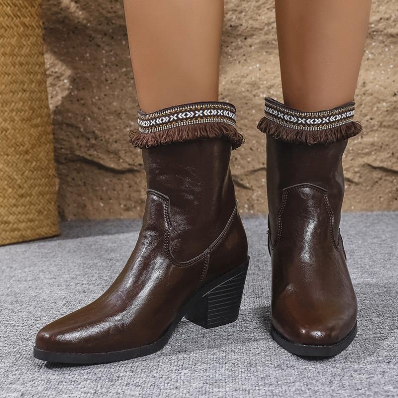 Cross-border Foreign Trade Large Size Boots Women's New Thick Heel Medium Heel Short Boots Pleated High Heel Round Head Western Cowboy Boots
