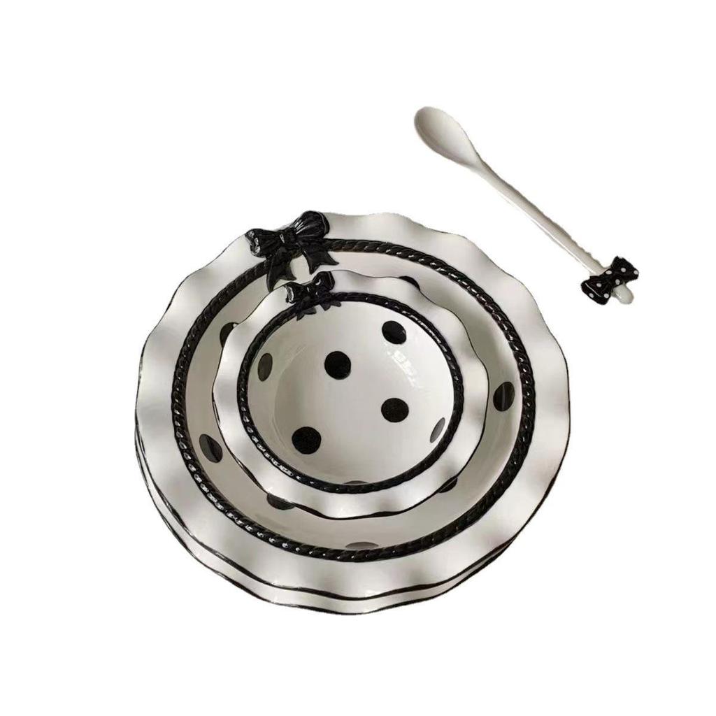 Korean Cute Bow Lace Ceramic Plate & Rice Bowl Set for Desserts and Cakes