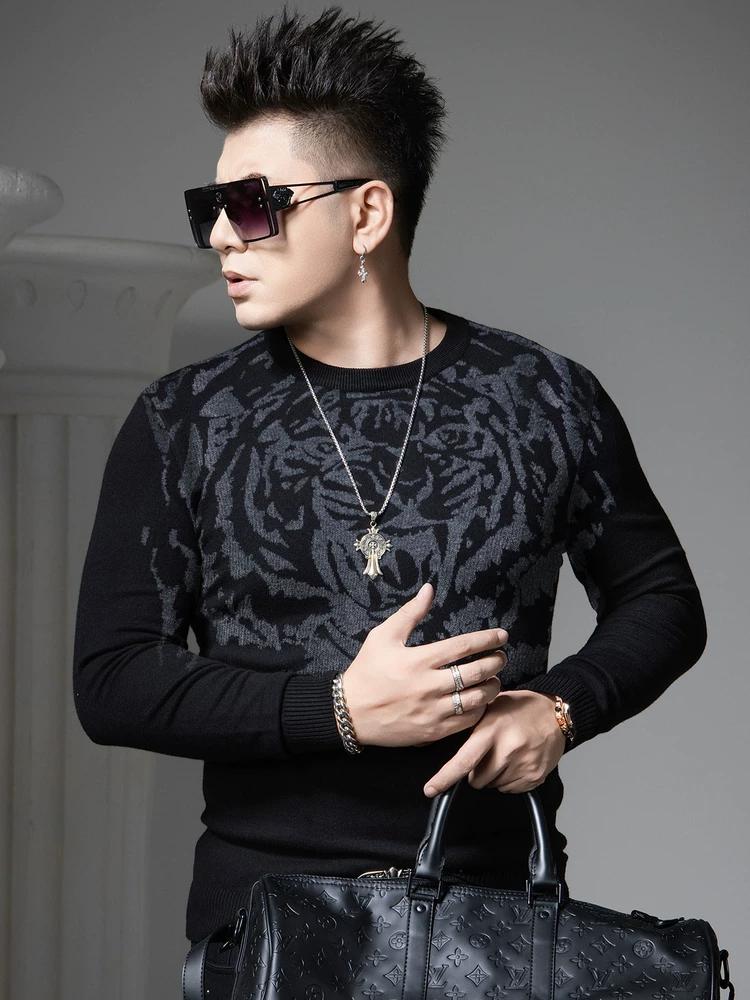 

European Style Tiger Head Print Crew Neck Sweater for Men, Autumn and Winter Fashion Long-Sleeve Knitwear, Trendy Brand Base Sweater M чёрный