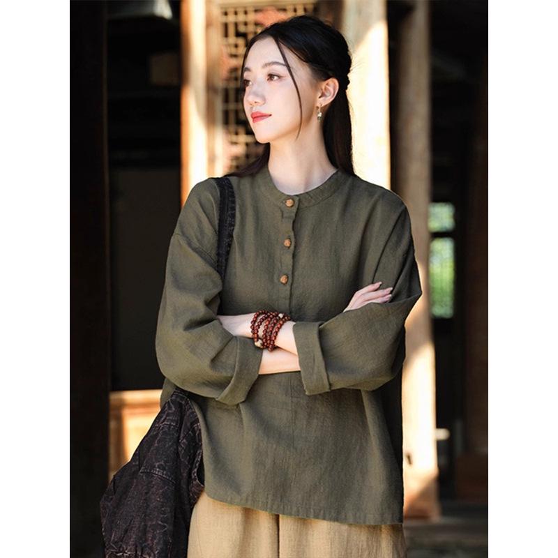 

Spring/Autumn New Chinese Style Cotton Linen Women s Stand Collar Pullover Long Sleeve Shirt - Retro, Literary, and National Style Temperament. 3XL зелений