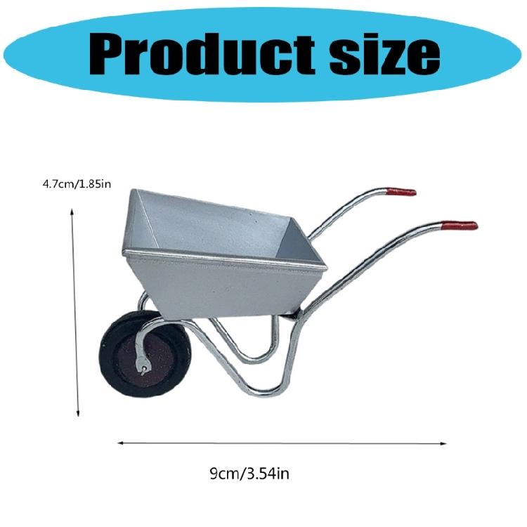 Miniaturowy Wózek Ogrodowy Z Obrotowymi Kółkami Wytrzymały Metalowy Model Wózka Gospodarskiego Figurka Do Domku dla Lalek Skala 1/12 Prezentacja