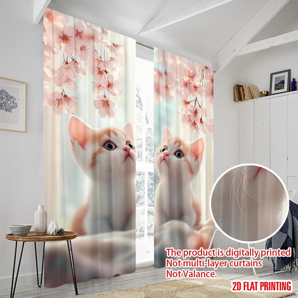 2pcs,2D Plane Printing Pattern Curtains Blossom Kittens Polyester Easy Install (without Rod) Versatile All Perfect for Bedroom,