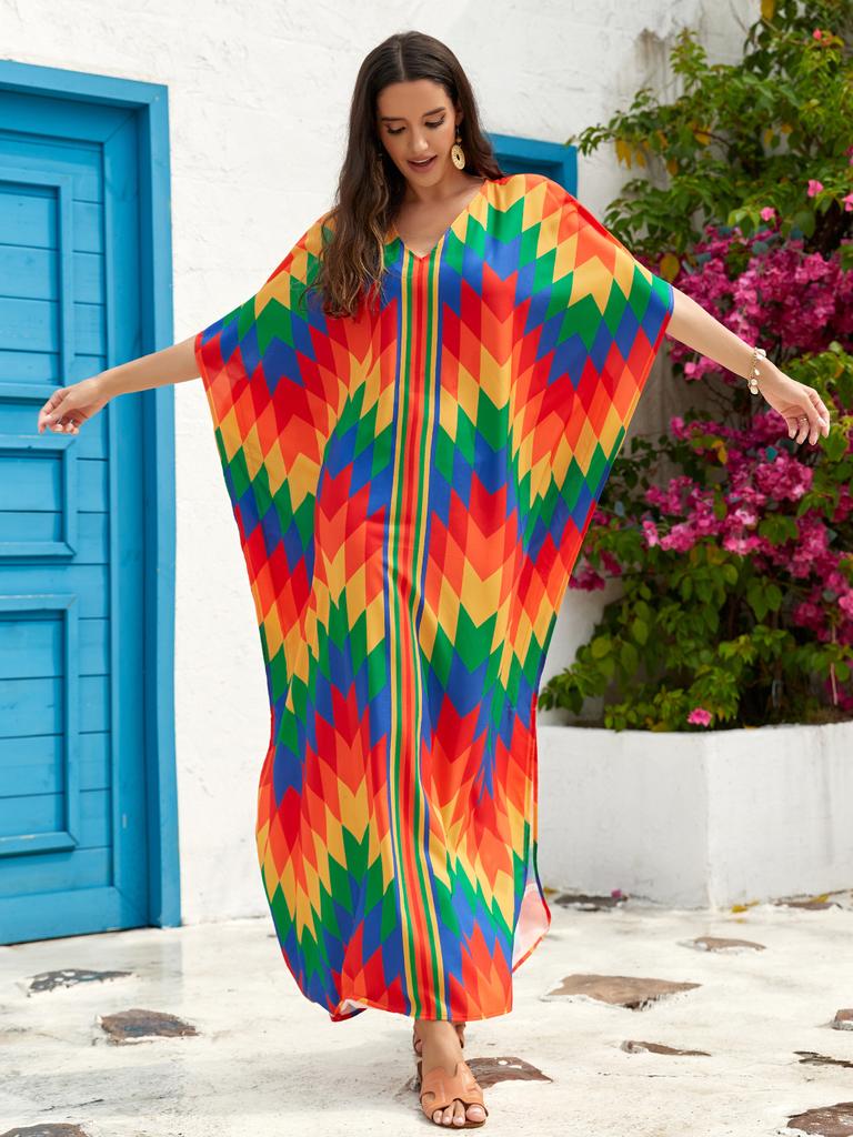 7-Color Cross-border Large Size V-neck Dress Beach Blouse Loose Vacation Dress Bikini Blouse 3897