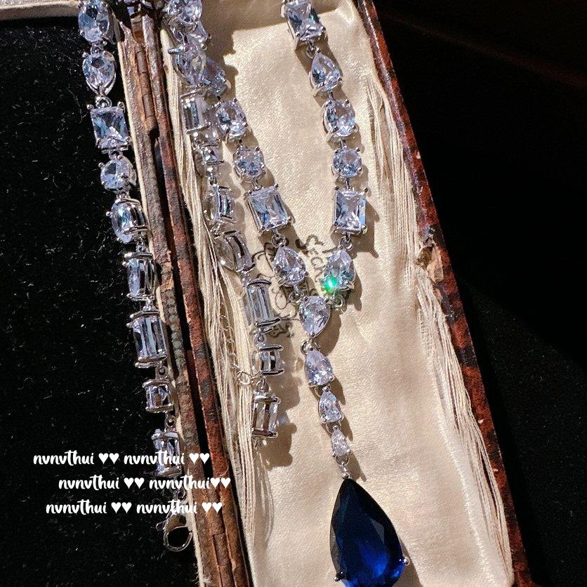 Sri Lanka Blue Cheetah Gemstone Necklace Vintage Plated 18K Gold, Royal Blue Drop Zircon Y Necklace