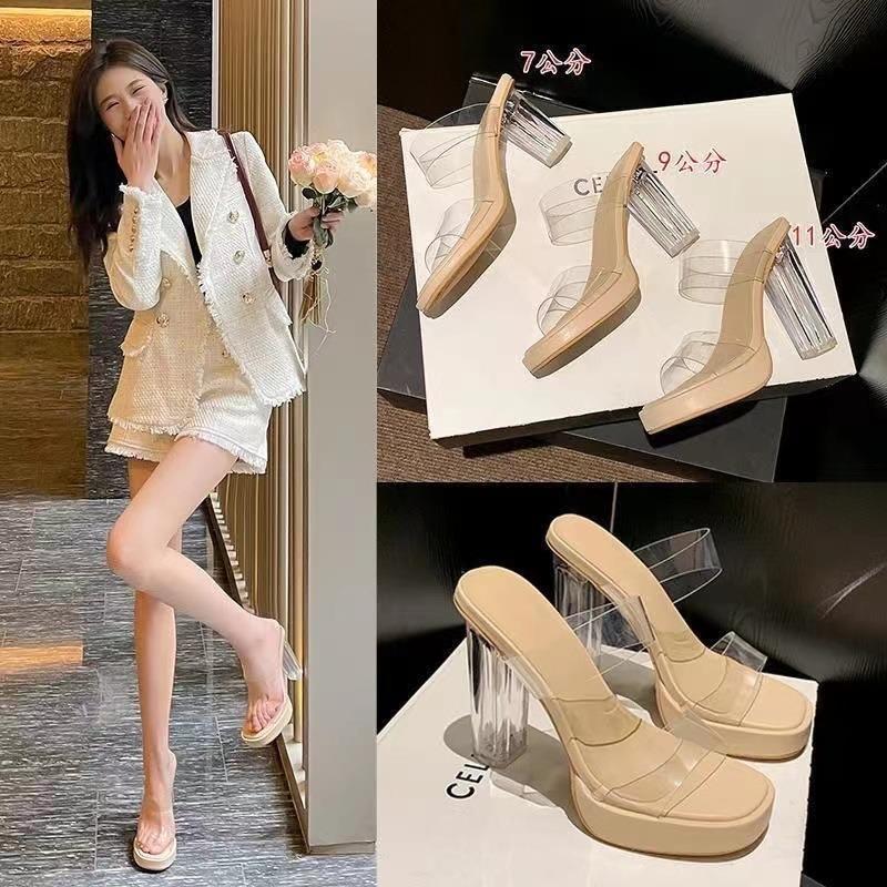 High heels women's summer new waterproof table word belt not tired feet thick heel crystal slippers women's sandals women's shoes