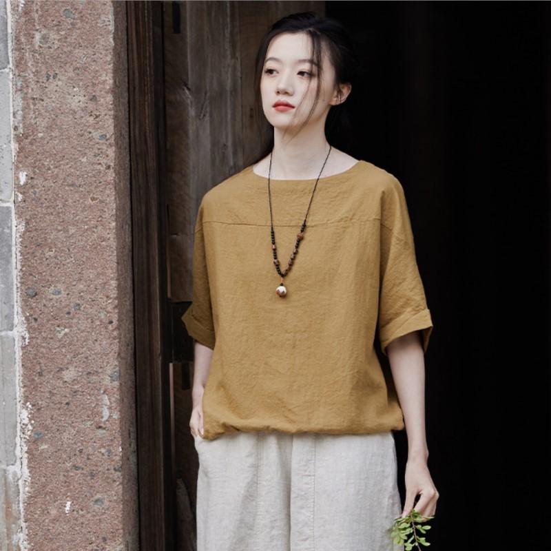 Johnature Women Casual Linen T-Shirts Summer O-Neck Short Sleeve Tees Solid Color Loose Women T-Shirts