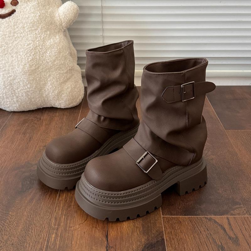 Fashion Versatile Belt Buckle Round Head Thick Sole Heightening Short Boots Women's 2025 Autumn and Winter New Fashion Versatile Thick Sole Boots
