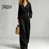 Lässiges Damen-Outfit, Damen-Langarm-2-Teiler-Sets, Oberteil mit unregelmäßigem Saum und V-Ausschnitt, Anzug aus Polyesterfaser und passende Wide-Leg-Hosen für Reise und Urlaub
