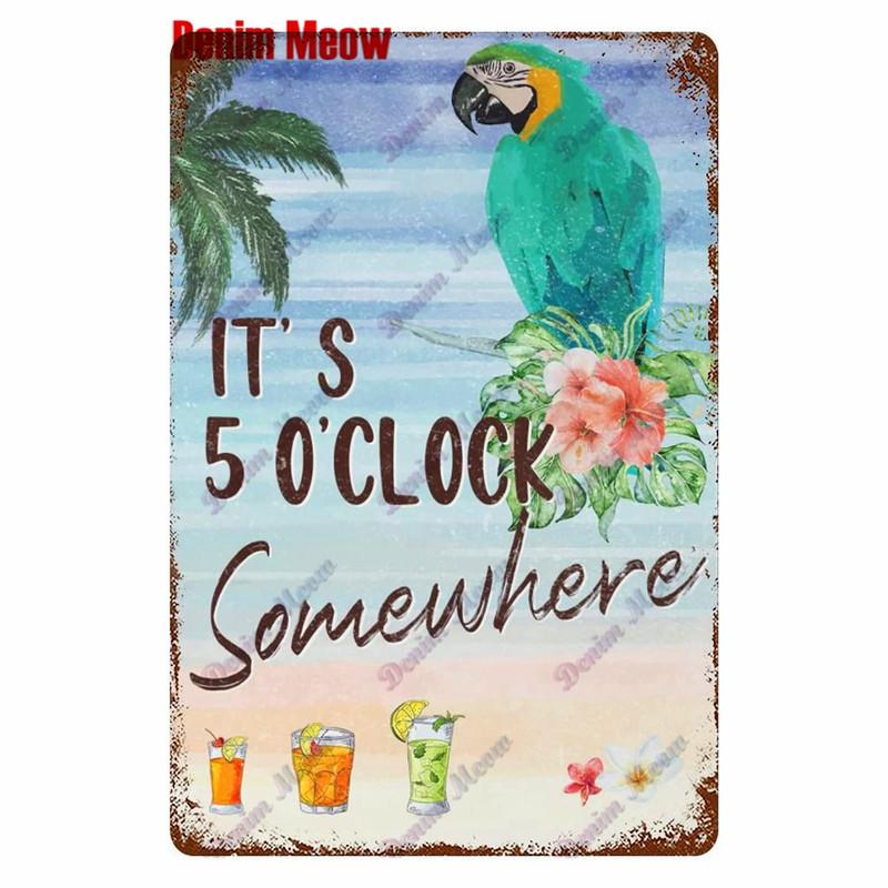 Metal Tin Sign Wall Decor, Vintage Parrot Cocktail Bar Plates, Kitchen Painting Decor, It's 5 O'clock, WY23