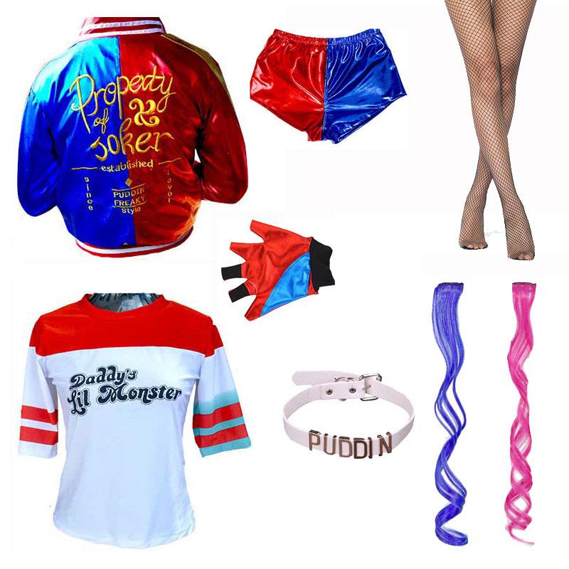 Top Qualität Mädchen Damen Selbstmord Harley Cosplay Kostüme Squad Quinn Monster Genähte Jacke Hosen Sets Karneval Anime Kostüm