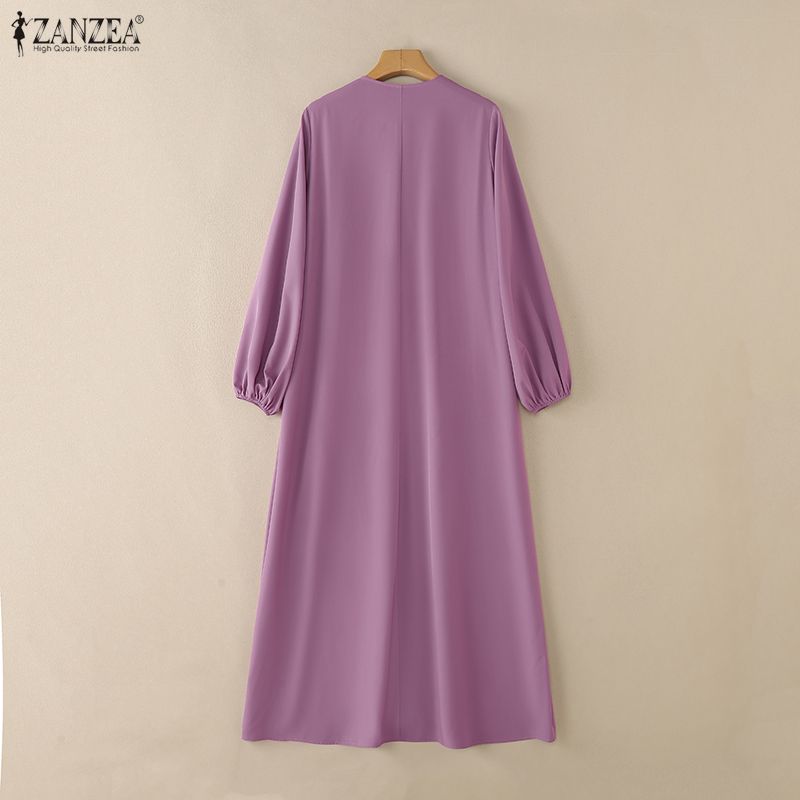 ZANZEA Women Casual Round Neck Solid Color Loose Long Sleeve Dress