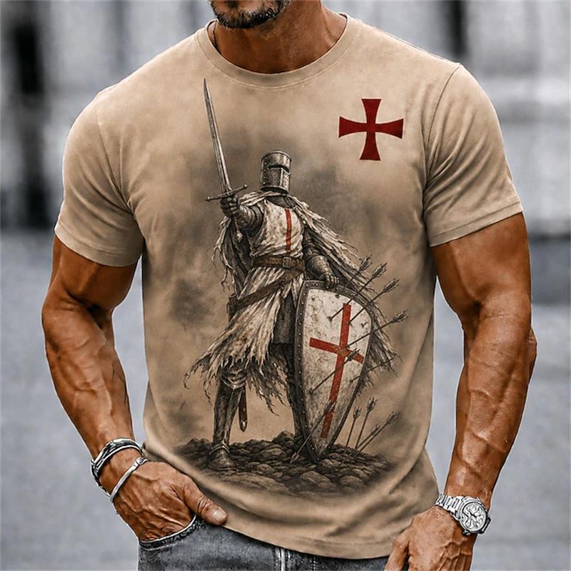 2026 Sommer Retro Herren Templer Kreuzritter T-Shirt Kurzarm T-Shirt 3D-Druck Rundhals Religiöser Stil Festliches Outfit