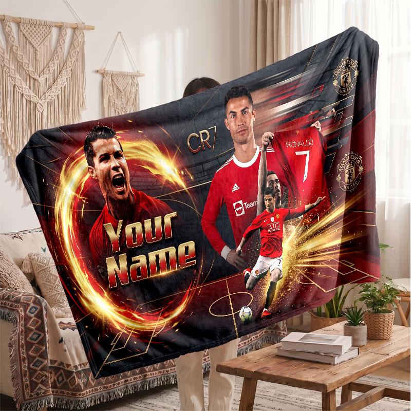 Coperta Personalizzata in Pile Cristiano Ronaldo con Logo Calcio, Testo Nome Personalizzato Morbida Calda Coperta da Divano per la Casa
