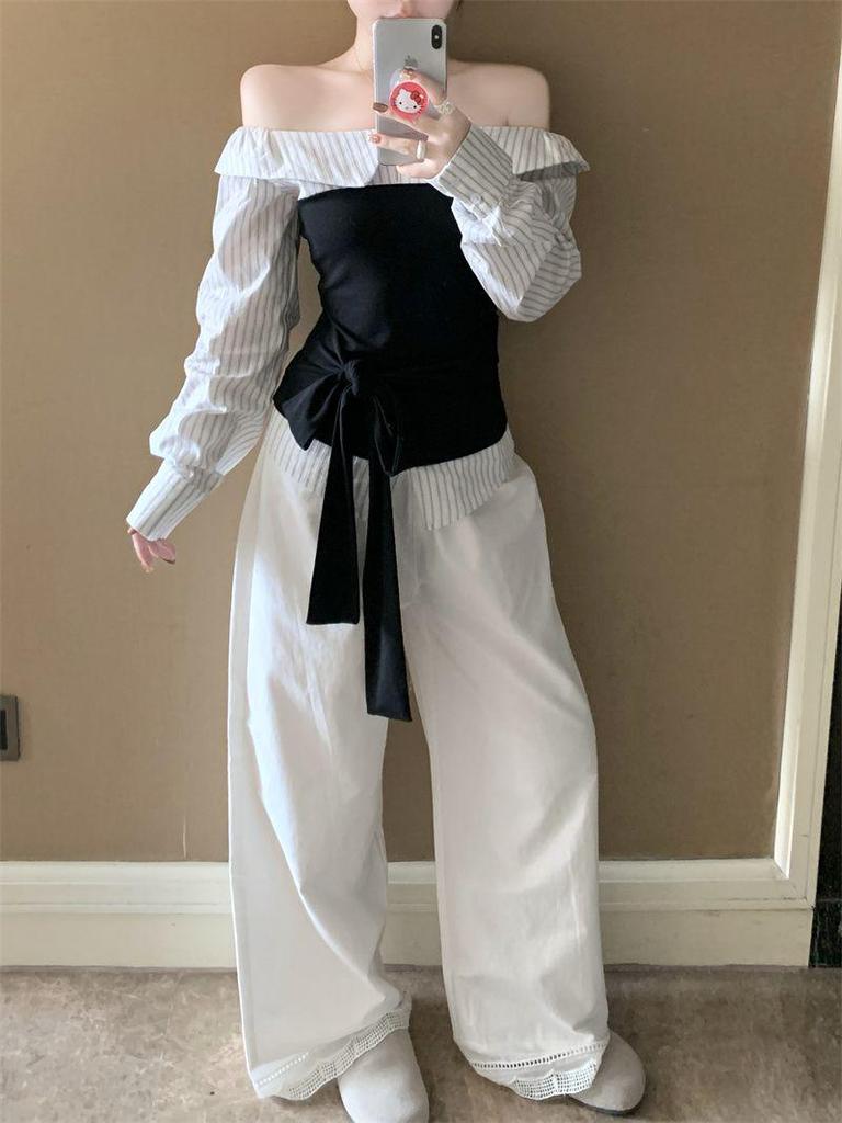 Korean Stripe Color Block Patchwork One-Shoulder Waist-Cinched Slimming Top for Women