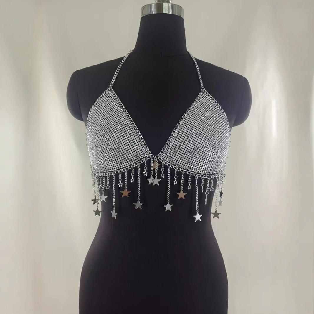 

Vest, Sexy, Rhinestone Inlay, Sequins, Pentagram, Neckband, Tassel, Body Chain, Tank Top average size