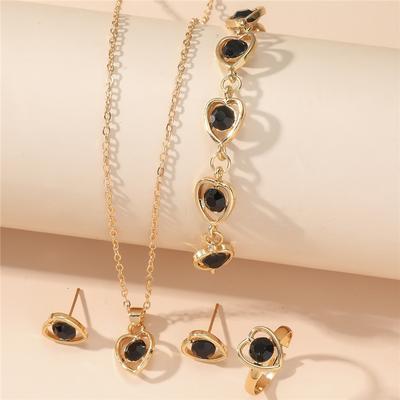 Heart Pendant Crystal Necklace+Earrings+Ring Set Bridal Chain Jewelry Womens Accessories Gift