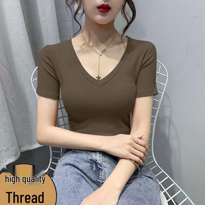 Women's Slim Fit Ribbed V-Neck T-Shirt - Summer 2026, Short Sleeve, Plus Size, Stylish Plain Color