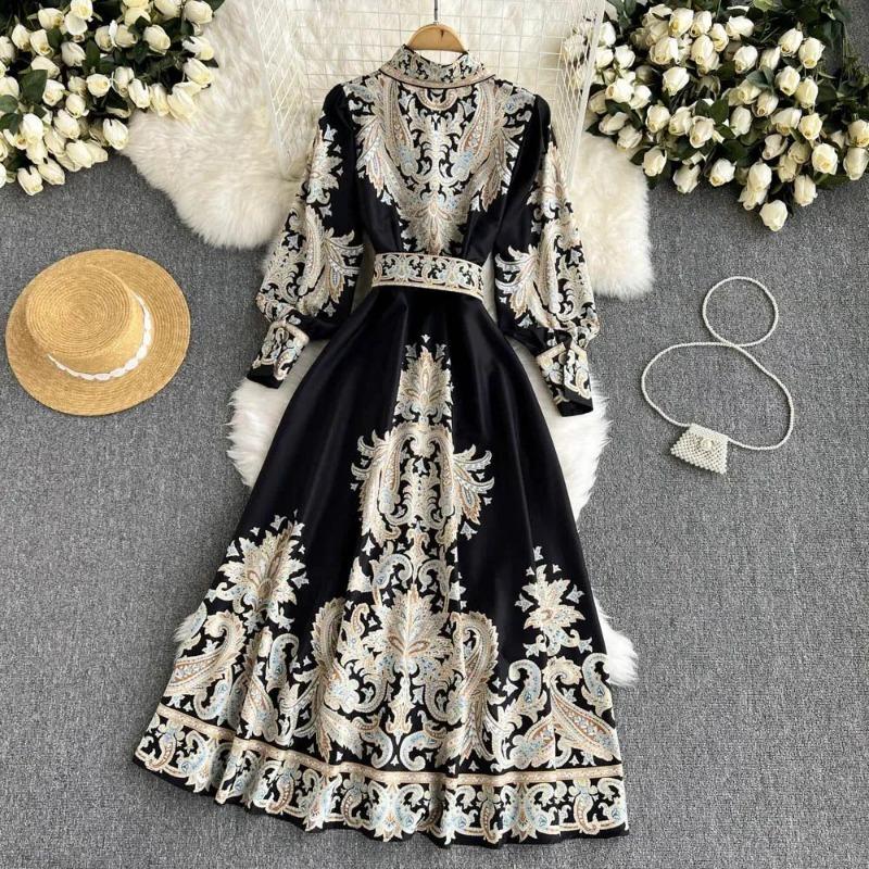 Women Long Sleeve Printed Bohemia Casual Vacation Midi A Line Dress