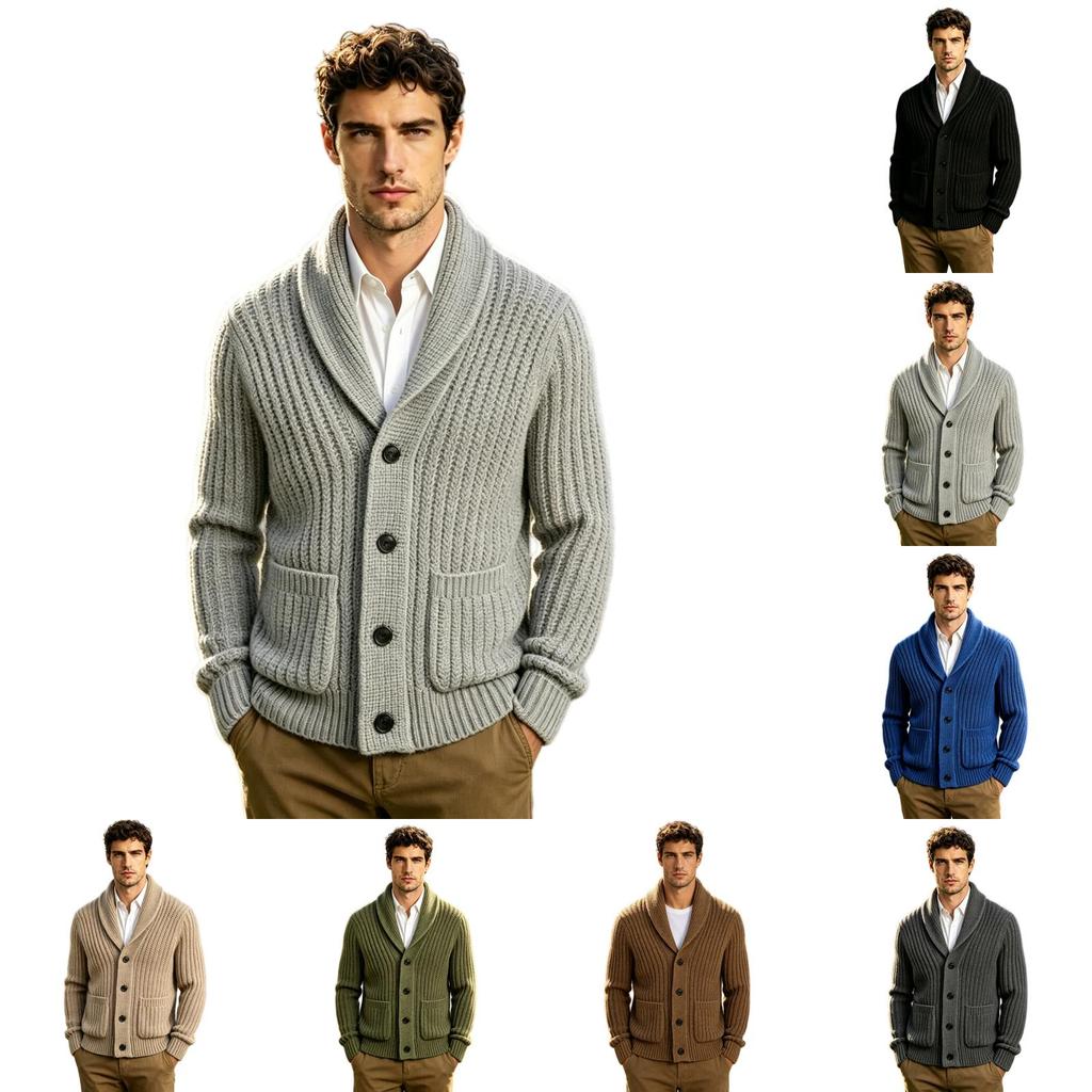 Cardigan a coste da uomo con scialle, monopetto, maglione spesso a maniche lunghe