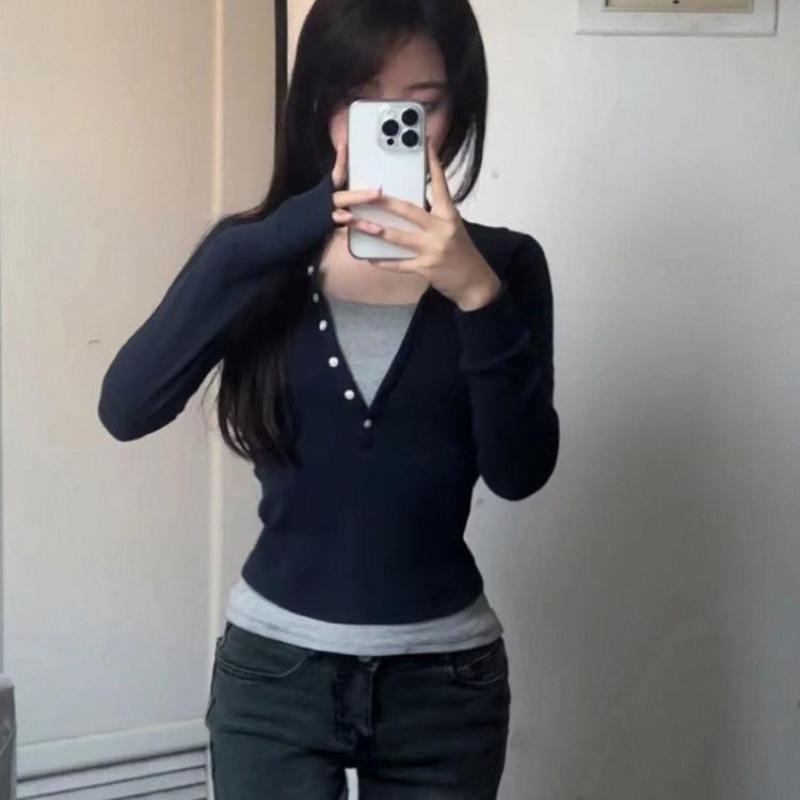 2KWEIRD Y2k Vintage Móda Dlouhý Rukáv Falešné Dvoudílné Tričko Dámské Harajuku Patchwork Streetwear Grunge Kontrastní V Výstřih Košile Femme