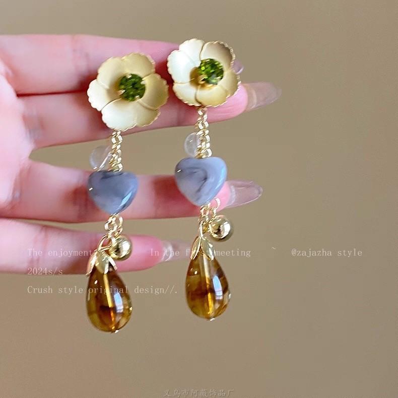 European and American retro fabric flower fringed leopard print earrings earrings personalized temperament earrings women