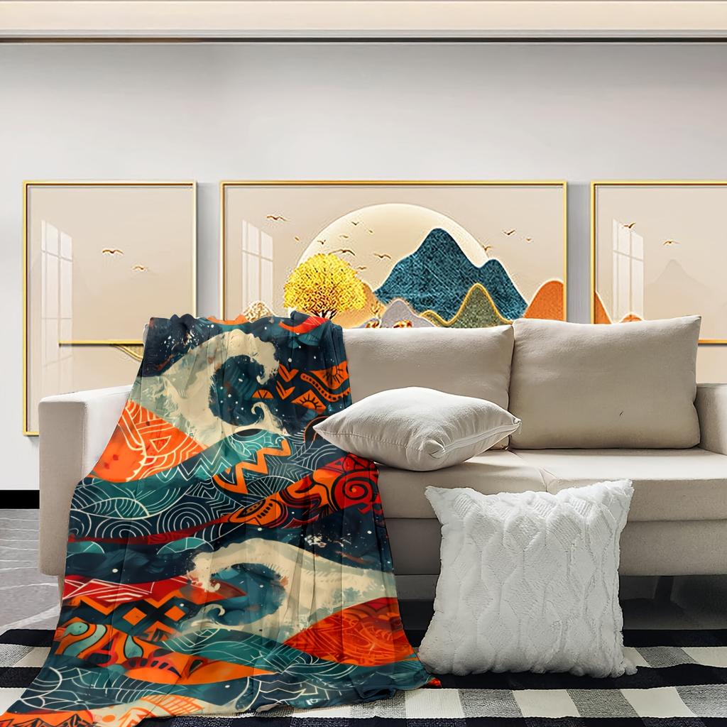 Abstract Art Style Wave Pattern Flannel Printed Blanket Suitable for All Seasons Suitable for Living Room Office Sofa and Travel