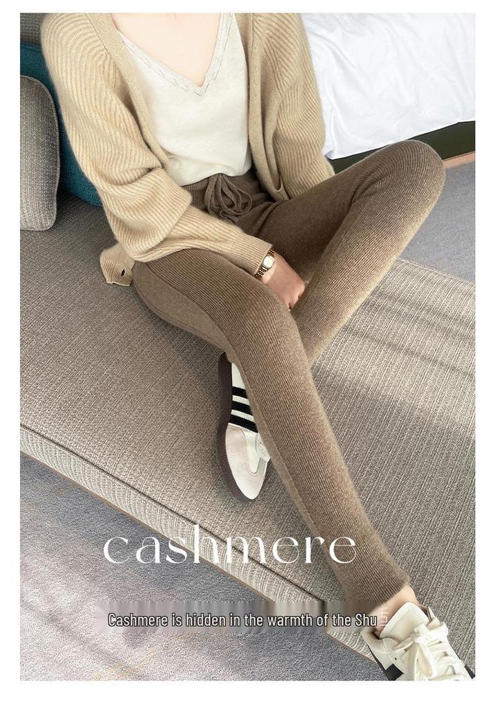 Damen Cashmere High-Waist Gestreifte Schlankmachende Hose: Bauchkontrolle, Po-Lifting, Warm, für Herbst/Winter, Innen- oder Außenbekleidung.