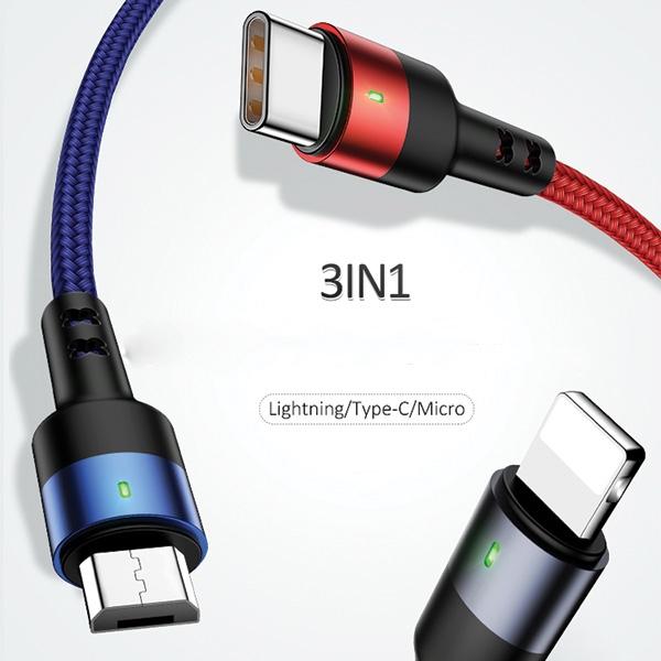 Kabel 3w1 USAMS 0.35m Szybkie ładowanie Pleciony 2A
