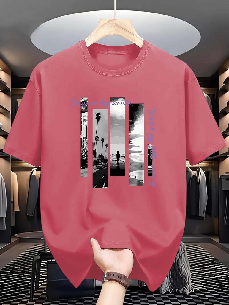 Summer Fashionable  Crew Neck T-Shirt - Men's Casual Short-Sleeve Tee with Seaside Letter Print, Slight Stretch, 180gsm