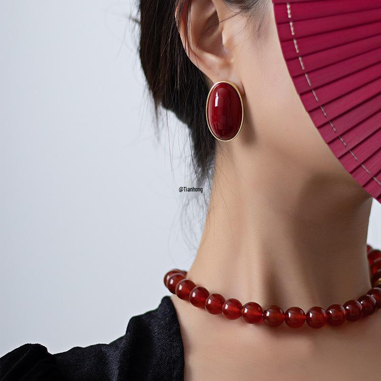 Ancola 2024 Red Retro Oval Pearl Earrings - Autumn & Winter Collection