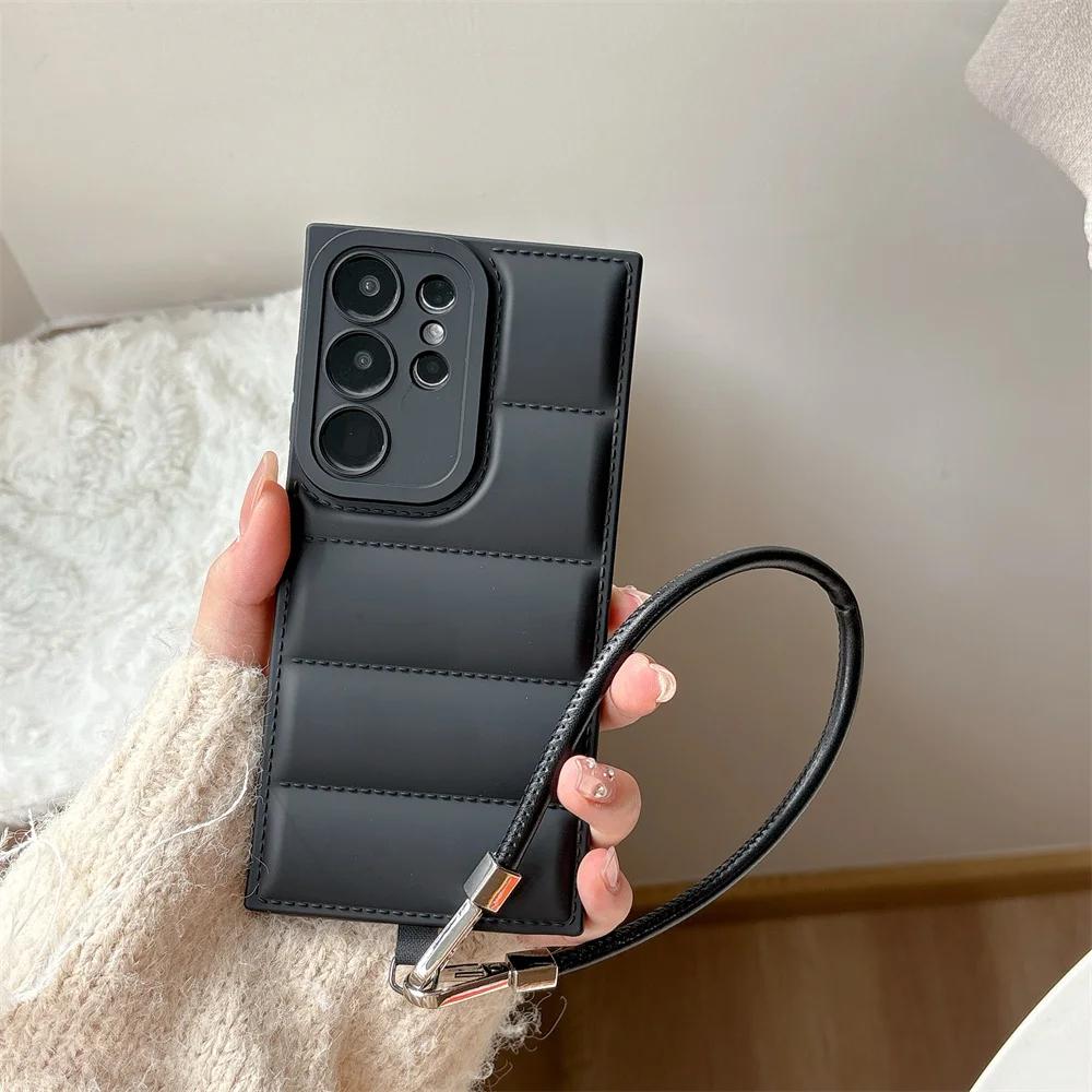 Down Jacket Style Wrist Strap Case For Samsung S25 Ultra S24 S23 S21 S20 FE S22 Plus + Note 20 A56 A55 A35 A26 A15 5G A06 A05S