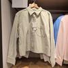 1116 Autumn and Winter New Women's Clothing Oxford Spinning Box Striped Shirt/long-sleeved Air-conditioned Shirt, Short Top 181611
