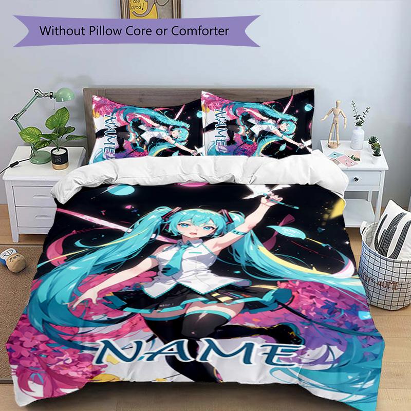 Set Copripiumino Hatsune Miku 3 Pezzi - Nome Personalizzato, Biancheria da Letto Stampata HD con 1 Copripiumino e 2 Federe - Perfetto per l'Arredamento della Casa, Facile da Curare